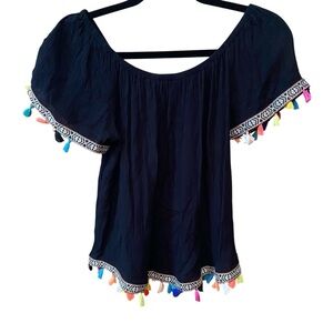 Speed Limit MPH Women's Gauzy Peasant Top Size M Black with Multicolor Tassels